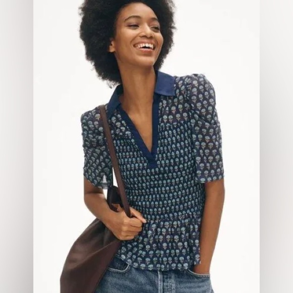 Maeve Short-Sleeve Smocked Polo Top blue floral size medium